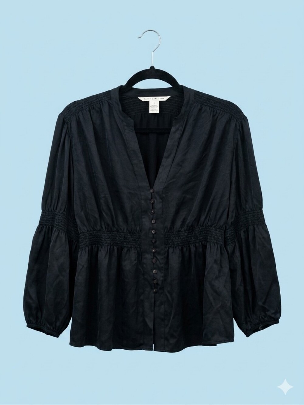 Diane von Furstenberg DVF Black 100% Silk Smocked Peplum Blouse V-Neck Size 10